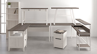 More than just a beauty to behold, the Dorrinson home office desk is designed to raise your productivity by packing more work area into less space. Sporting a replicated gray wood top with an antiqued white base, it’s ready to take a cool stance for modern farmhouse style. Pair with the file cabinet or bookcase (each sold separately) for a well-organized home office.Made of engineered wood and laminated paper | Two-tone treatment; replicated gray wood top with antiqued white base | Designed for easy cord management | Assembly required | Estimated Assembly Time: 30 Minutes