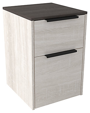 More than just a beauty to behold, the Dorrinson home office file cabinet is designed to raise your productivity by packing more work area into less space. Sporting a replicated gray wood top with an antiqued white base, it’s ready to take a cool stance for modern farmhouse style. Pair with the desk or bookcase (each sold separately) for a well-organized home office.Made of engineered wood and laminated paper | Two-tone treatment; replicated gray wood top with antiqued white base | 2 smooth-operating file drawers with ball bearing side glides | Assembly required | Estimated Assembly Time: 60 Minutes