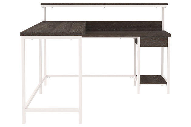More than just a beauty to behold, this home office L-desk is designed to raise your productivity by packing more work area into less space. Sporting a two-tone finish, it’s ready to take a cool stance for modern farmhouse style. Pair with the bookcase (sold separately) for a well-organized home office.Made of engineered wood and laminated paper | Two-tone treatment; replicated gray wood top with antiqued white base | Combined desk with shelf and return with drawer and fixed shelf | Convenient cubby for additional storage | Designed for easy cord management | Assembly required | Estimated Assembly Time: 120 Minutes