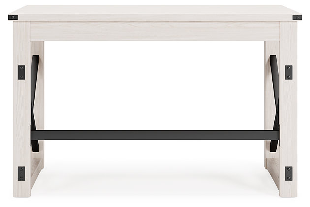Love an urban farmhouse aesthetic? Make it work to your advantage with the beautifully styled Bayflynn desk. This simply striking choice in home office furniture has an unmistakable farmhouse feel thanks to design elements including a whitewashed decorative wood grain laminate contrasted with cross-buck rails, metal accents and a stretcher in black. Perfect for office supplies, the desk includes a handy center drawer with hardware-less aesthetic to help keep your desk top clutter free.Made of engineered wood | Decorative wood grain laminate in whitewashed tone | Cross-buck rails, metal accents and stretcher in contrasting black iron tone | Center drawer with metal ball bearing side glides | Assembly required | Estimated Assembly Time: 60 Minutes