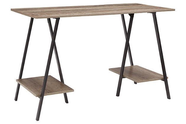 A scaled-down take on the simply striking sawhorse table, the Bertmond desk works beautifully for those short on space. Metal table legs and engineered wood shelves in a beautiful decorative wood grain laminate make a brilliant statement.Made of metal and laminated engineered wood | Black metal legs and grayish brown decorative wood grain laminate | 2 display shelves | Assembly required | Estimated Assembly Time: 30 Minutes