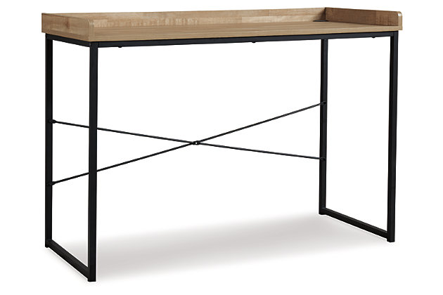 Make a bold statement in a compact footprint with the high-style Gerdanet desk. The striking contrast of its light wood-tone top and sleek black metal frame is so dramatic. Three-sided gallery rail is crafted for form and function.Paper laminate over engineered wood in a light, natural butcher block wood grain pattern | Black metal base with durable powder coated finish | Assembly required | Estimated Assembly Time: 15 Minutes