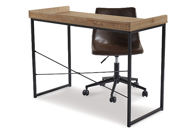 Make a bold statement in a compact footprint with the high-style Gerdanet desk. The striking contrast of its light wood-tone top and sleek black metal frame is so dramatic. Three-sided gallery rail is crafted for form and function.Paper laminate over engineered wood in a light, natural butcher block wood grain pattern | Black metal base with durable powder coated finish | Assembly required | Estimated Assembly Time: 15 Minutes