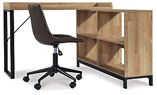 Make a bold statement in a compact footprint with the high-style Gerdanet L-desk. Striking contrast of light wood-tone top and sleek black metal frame is so dramatic. Merger of shelf and surface space works on so many levels.Paper laminate over engineered wood | Light, natural butcher block wood grain pattern | Black metal base with durable powder coated finish | Side storage unit with shelves | Assembly required | Estimated Assembly Time: 45 Minutes