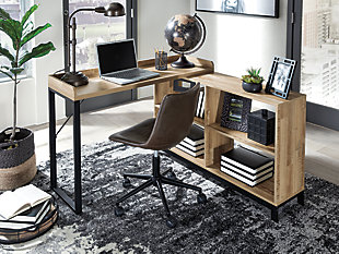 Make a bold statement in a compact footprint with the high-style Gerdanet L-desk. Striking contrast of light wood-tone top and sleek black metal frame is so dramatic. Merger of shelf and surface space works on so many levels.Paper laminate over engineered wood | Light, natural butcher block wood grain pattern | Black metal base with durable powder coated finish | Side storage unit with shelves | Assembly required | Estimated Assembly Time: 45 Minutes