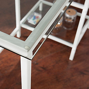 Put your workplace on the straight and narrow with the Codie metal and glass desk. Sturdy white metal frame is paired with tempered glass for ultra-contemporary appeal. Sleek and simple, this versatile workstation easily multitasks as a vanity/desk to suit your fancy.Metal base with powdercoat finish | Tempered glass tops | 2 fixed shelves | Assembly required | Assembly time frame is 15 to 30 min.
