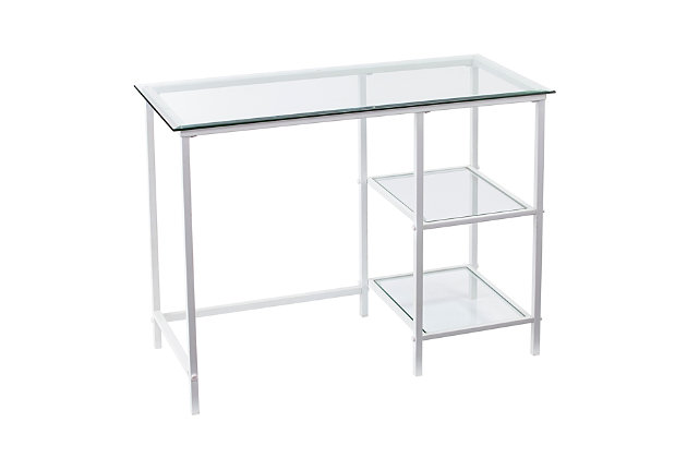 Put your workplace on the straight and narrow with the Codie metal and glass desk. Sturdy white metal frame is paired with tempered glass for ultra-contemporary appeal. Sleek and simple, this versatile workstation easily multitasks as a vanity/desk to suit your fancy.Metal base with powdercoat finish | Tempered glass tops | 2 fixed shelves | Assembly required | Assembly time frame is 15 to 30 min.