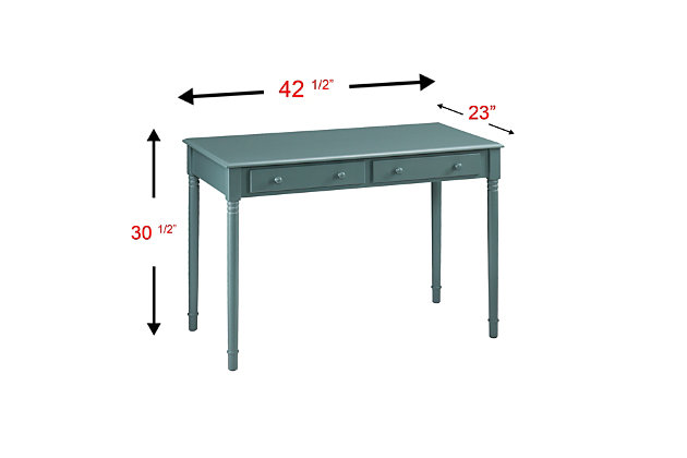 Whether your style is country chic or modern farmhouse, the Clara 2-drawer desk works brilliantly. Its crisp, clean frame is complemented with a pair of roomy storage drawers that make for a well-organized workspace. Loaded with multifunctional possibilities, this desk is welcome everywhere from the home office, to the crafts room or kitchen.Made of wood and engineered wood | 2 drawers | Assembly required | Assembly time frame is 15 to 30 min.