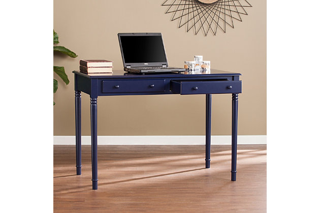 Whether your style is country chic or modern farmhouse, the Clara 2-drawer desk works brilliantly. Its crisp, clean frame is complemented with a pair of roomy storage drawers that make for a well-organized workspace. Loaded with multifunctional possibilities, this desk is welcome everywhere from the home office, to the crafts room or kitchen.Made of wood and engineered wood | 2 drawers | Assembly required | Assembly time frame is 15 to 30 min.