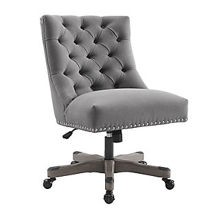 Roll out high style and low maintenance in your home workspace with this upholstered swivel office chair set on casters. Button-tufted upholstered seat is wrapped in hard-working LiveSmart fabric that’s stain resistant, water repellent and designed for heavy wear. And with swivel, gas lift and tilt features, this designer home office chair helps keep you on a roll.Made of pine wood and engineered wood | Gray washed wood base | Cushioned upholstered seat covered in stain-resistant, water-repellent livesmart fabric | Button tufting | Bfm gas lift and tilt plate | Nailhead trim and caster caps with antiqued brass-tone finish | Assembly required