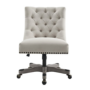 Roll out high style and low maintenance in your home workspace with this upholstered swivel office chair set on casters. Button-tufted upholstered seat is wrapped in hard-working LiveSmart fabric that’s stain resistant, water repellent and designed for heavy wear. And with swivel, gas lift and tilt features, this designer home office chair helps keep you on a roll.Made of pine wood and engineered wood | Gray washed wood base | Cushioned upholstered seat covered in stain-resistant, water-repellent livesmart fabric | Button tufting | Bfm gas lift and tilt plate | Nailhead trim and caster caps with antiqued brass-tone finish | Metal casters | Assembly required