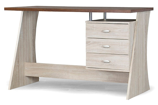 With its sleekly angled lines, minimalist-chic appeal and unique suspended drawers, this writing desk delivers cool, contemporary style with a twist. Adding to its allure, the rich two-tone finish is anything but ordinary, while widely splayed legs contrast with rectangular drawers for an unexpected dash of dissonance.Made of faux veneer and engineered wood | Two-tone contrasting finish | 3 drawers with metal pulls | Assembly required