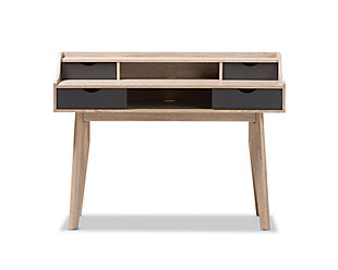 Mid-century design started setting fashion trends in the '50s, and now it’s making a brilliant comeback. With its small scale, this 4-drawer desk fits exceptionally well into tight spaces.  Two-tone oak and gray finishes and distinctive splayed legs evoke its roots while marking it as a chic modern classic. Whether used in the entryway, bedroom or den, this ultra-versatile piece is sure to make a statement.Made of faux veneer and engineered wood | Two-tone oak and gray finishes | 4 drawers with cut-out handles | 2 open storage spaces | Imported | Assembly required