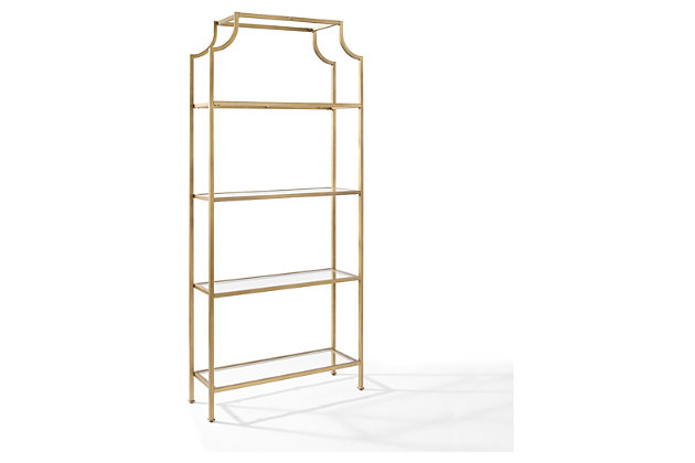 Elevate your style with this pagoda-inspired etagere. Antiqued goldtone metal frame is a striking contrast to open-and-airy clear glass shelving. Four levels of display space invite so many possibilities to showcase your personal flair.Made of sturdy steel | Antiqued goldtone powdercoat finish | 4 tempered glass shelves | Easy assembly