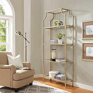 Elevate your style with this pagoda-inspired etagere. Antiqued goldtone metal frame is a striking contrast to open-and-airy clear glass shelving. Four levels of display space invite so many possibilities to showcase your personal flair.Made of sturdy steel | Antiqued goldtone powdercoat finish | 4 tempered glass shelves | Easy assembly