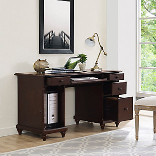 With its classic style and modern conveniences, this abundantly practical computer desk works on so many levels. Right up to speed with your high-tech needs, it includes a louvered cabinet providing a well-ventilated home for your computer tower and handy drop-down keyboard tray. Four ample drawers with extension glides make it so easy to stay organized.Made of birch veneer, engineered wood, pine wood and poplar wood | 4 storage drawers with extension glides | Drop-down keyboard tray | Computer tower cabinet | Cutout for wire management | Metal hardware | Assembly required