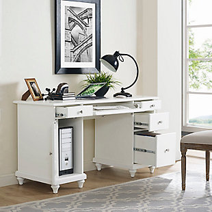 With its classic style and modern conveniences, this abundantly practical computer desk works on so many levels. Right up to speed with your high-tech needs, it includes a louvered cabinet providing a well-ventilated home for your computer tower and a handy drop-down keyboard tray. Four ample drawers with full extension glides make it so easy to stay organized.Made of birch veneer, engineered wood, pine wood and poplar wood | 4 storage drawers with full extension glides | Drop-down keyboard tray | Computer tower cabinet | Cutout for wire management | Metal hardware | Assembly required
