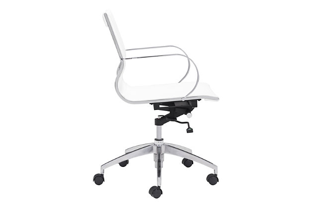 Featuring a slim yet supportive profile, this office chair with casters offers a high-design look along with lumbar support and plush faux leather upholstery to cater to your comfort. Rest assured, this upholstered swivel office chair is quality built with a hydraulic piston that sits on a chrome-tone 5-star metal base to ease you into place.Made of steel with chrome-tone finish | White faux leather upholstery | Supports up to 250 lbs. | 360-degree swivel with lumbar support | Casters for easy mobility | Adjustable tilting mechanism | Adjustable height (with smooth hydraulic piston) | Assembly required