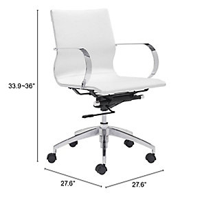 Featuring a slim yet supportive profile, this office chair with casters offers a high-design look along with lumbar support and plush faux leather upholstery to cater to your comfort. Rest assured, this upholstered swivel office chair is quality built with a hydraulic piston that sits on a chrome-tone 5-star metal base to ease you into place.Made of steel with chrome-tone finish | White faux leather upholstery | Supports up to 250 lbs. | 360-degree swivel with lumbar support | Casters for easy mobility | Adjustable tilting mechanism | Adjustable height (with smooth hydraulic piston) | Assembly required