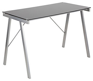 Make it clear how much you love modern style with this sleek home office desk. Sturdy metal frame is topped with smooth tempered glass for major wow factor. Be it as a small space desk or drafting table, the look simply works.Sturdy metal base with silvertone finish | Tempered glass top in black | Assembly required