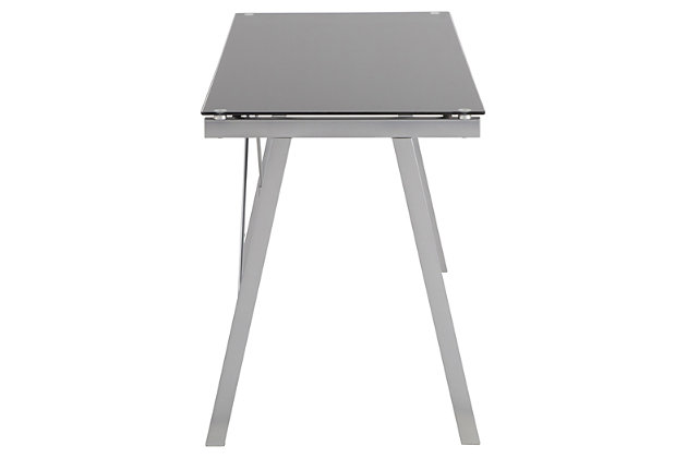 Make it clear how much you love modern style with this sleek home office desk. Sturdy metal frame is topped with smooth tempered glass for major wow factor. Be it as a small space desk or drafting table, the look simply works.Sturdy metal base with silvertone finish | Tempered glass top in black | Assembly required