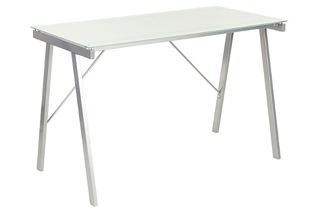 Make it clear how much you love modern style with this sleek home office desk. Sturdy metal frame is topped with smooth tempered glass for major wow factor. Be it as a small space desk or drafting table, the look simply works.Sturdy metal base with silvertone finish | Tempered glass top in white | Assembly required