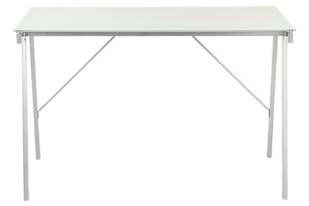 Make it clear how much you love modern style with this sleek home office desk. Sturdy metal frame is topped with smooth tempered glass for major wow factor. Be it as a space desk or drafting table, the look simply works.Sturdy metal base with silvertone finish | Tempered glass top in white | Assembly required