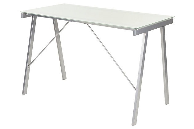 Make it clear how much you love modern style with this sleek home office desk. Sturdy metal frame is topped with smooth tempered glass for major wow factor. Be it as a space desk or drafting table, the look simply works.Sturdy metal base with silvertone finish | Tempered glass top in white | Assembly required