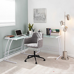 Expand your workspace and your style with this L-shaped home office desk. An inspired choice for an ultra-modern look, it pairs a sturdy metal frame with frosted glass top for maximum minimalism.Sturdy metal base in white | Frosted tempered glass top | L-shaped design | Assembly required