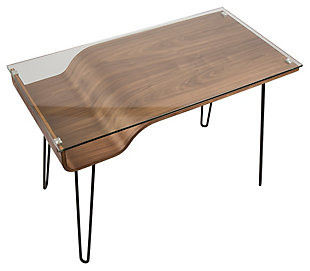 Feel free to bend the rules with this mixed media home office desk. A unique merger of mid-century inspiration and urban attitude, it’s dressed to impress with curvaceous bent wood, hairpin legs and a clear tempered glass top. What a great choice for small spaces!Metal hairpin legs in black | Tempered glass top | Bent wood storage shelf with walnut finish | Assembly required