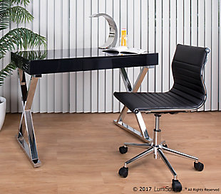 With its strikingly simple design, this home office desk is a high-style choice for small but modern living spaces. Chrome-tone metal base with X-brace design is paired with a high-sheen black top for sleek sophistication.Metal base in chrome-tone finish | Wood top in glossy black finish | Storage drawer | Assembly required