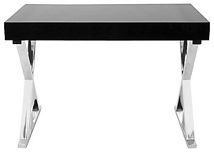 With its strikingly simple design, this home office desk is a high-style choice for small but modern living spaces. Chrome-tone metal base with X-brace design is paired with a high-sheen black top for sleek sophistication.Metal base in chrome-tone finish | Wood top in glossy black finish | Storage drawer | Assembly required