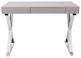 With its strikingly simple design, this home office desk is a high-style choice for small but modern living spaces. Chrome-tone metal base with X-brace design is paired with a high-sheen ash gray top for sleek sophistication.Metal base in chrome-tone finish | Wood top in glossy ash gray finish | Storage drawer | Assembly required