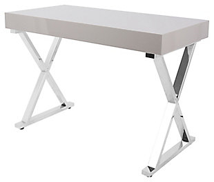 With its strikingly simple design, this home office desk is a high-style choice for small but modern living spaces. Chrome-tone metal base with X-brace design is paired with a high-sheen ash gray top for sleek sophistication.Metal base in chrome-tone finish | Wood top in glossy ash gray finish | Storage drawer | Assembly required