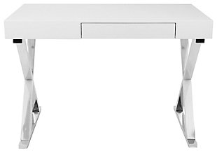 With its strikingly simple design, this home office desk is a high-style choice for small but modern living spaces. Chrome-tone metal base with X-brace design is paired with a high-sheen white top for sleek sophistication.Metal base in chrome-tone finish | Wood top in glossy white finish | Storage drawer | Assembly required