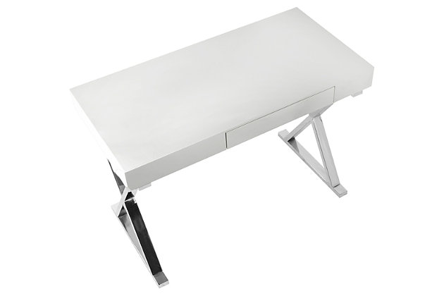 With its strikingly simple design, this home office desk is a high-style choice for small but modern living spaces. Chrome-tone metal base with X-brace design is paired with a high-sheen white top for sleek sophistication.Metal base in chrome-tone finish | Wood top in glossy white finish | Storage drawer | Assembly required