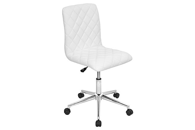 Work in comfort and style with this upholstered swivel desk chair. Featuring an upholstered quilted seat and backrest on a 5-star metal base. Adjustable height and casters help keep you on the move.Made of metal | White quilted faux leather seat and back | Chrome-tone metal base | Smooth 360-degree swivel | Casters for easy movement | Adjustable seat height | Assembly required