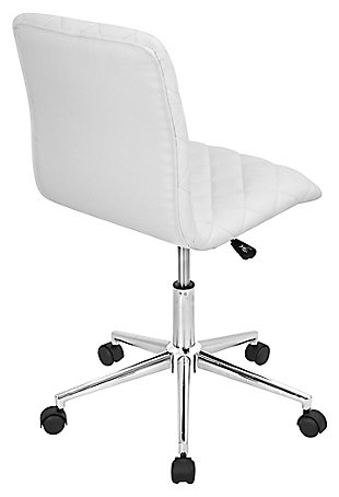 Work in comfort and style with this upholstered swivel desk chair. Featuring an upholstered quilted seat and backrest on a 5-star metal base. Adjustable height and casters help keep you on the move.Made of metal | White quilted faux leather seat and back | Chrome-tone metal base | Smooth 360-degree swivel | Casters for easy movement | Adjustable seat height | Assembly required