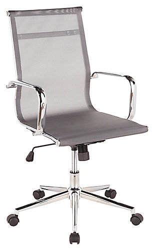 Work in comfort and style with this upholstered swivel desk chair. Featuring perforated mesh upholstery on a brilliant chrome-tone metal base and an arched-back design for hours of comfort. Adjustable height and casters help keep you on the move.Made of metal | Durable silver mesh upholstery | Chrome-tone metal base and armrests | Smooth 360-degree swivel | 5-star caster base for easy movement | Adjustable seat height | Assembly required