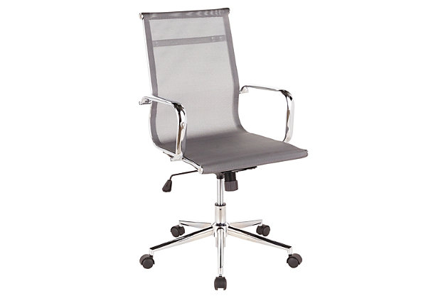 Work in comfort and style with this upholstered swivel desk chair. Featuring perforated mesh upholstery on a brilliant chrome-tone metal base and an arched-back design for hours of comfort. Adjustable height and casters help keep you on the move.Made of metal | Durable silver mesh upholstery | Chrome-tone metal base and armrests | Smooth 360-degree swivel | 5-star caster base for easy movement | Adjustable seat height | Assembly required