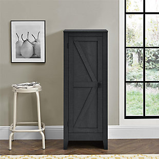 It’s time to get your house in order—organizationally and decoratively. The rustic style of this cabinet brings a modern country appeal to your space. Reminiscent of a weathered barn, this casual piece opens to reveal four shelves perfect for storing office supplies, extra linens, seasonal clothing and more.Made of laminated engineered wood | Weathered black woodgrain finish | 4 spacious shelves (2 adjustable) | Wall anchor kit included | Assembly required (2 adults recommended)