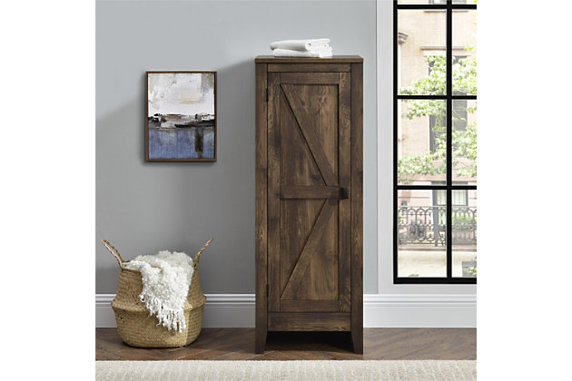 It’s time to get your house in order—organizationally and decoratively. The rustic style of this cabinet brings a modern country appeal to your space. Reminiscent of a weathered barn, this casual piece opens to reveal four shelves perfect for storing office supplies, extra linens, seasonal clothing and more.Made of laminated engineered wood | Weathered medium brown finish | 4 spacious shelves (2 adjustable) | Wall anchor kit included | Assembly required (2 adults recommended)