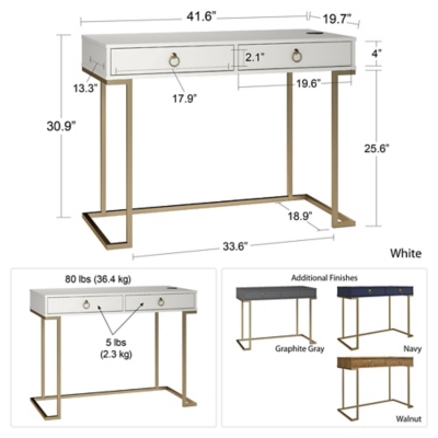 18.9 in. White 2 Drawer Writing Desk with Storage