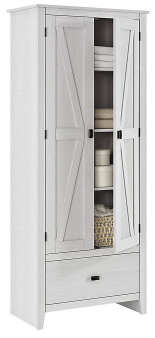 It’s time to get your house in order—organizationally and decoratively. The rustic style of this cabinet brings a modern country appeal to your space. Reminiscent of barn doors, this casual piece houses four shelves and a smooth-gliding drawer at the bottom perfect for storing office supplies, extra linens, seasonal clothing and more.Made of laminated engineered wood | Off-white woodgrain finish (multiple rustic finishes available) | 4 shelves (3 adjustable) | Bottom drawer with metal slides for smooth gliding | Wall anchor kit included | Assembly required (2 adults recommended)