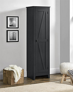 It’s time to get your house in order—organizationally and decoratively. The rustic style of this cabinet brings a modern country appeal to your space. Reminiscent of barn doors, this casual piece houses four shelves perfect for storing office supplies, extra linens, seasonal clothing and more.Made of laminated engineered wood | Weathered black woodgrain finish (multiple rustic finishes available) | 4 shelves (2 adjustable) | Wall anchor kit included | Assembly required (2 adults recommended)