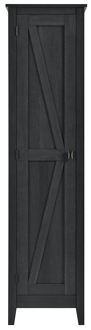 It’s time to get your house in order—organizationally and decoratively. The rustic style of this cabinet brings a modern country appeal to your space. Reminiscent of barn doors, this casual piece houses four shelves perfect for storing office supplies, extra linens, seasonal clothing and more.Made of laminated engineered wood | Weathered black woodgrain finish (multiple rustic finishes available) | 4 shelves (2 adjustable) | Wall anchor kit included | Assembly required (2 adults recommended)