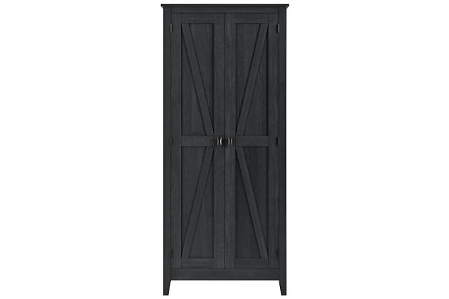 It’s time to get your house in order—organizationally and decoratively. The rustic style of this cabinet brings a modern country appeal to your space. Reminiscent of barn doors, this casual piece houses four shelves perfect for storing office supplies, extra linens, seasonal clothing and more.Made of laminated engineered wood | Weathered black woodgrain finish (multiple rustic finishes available) | 4 spacious shelves (2 adjustable) | Wall anchor kit included | Assembly required (2 adults recommended)