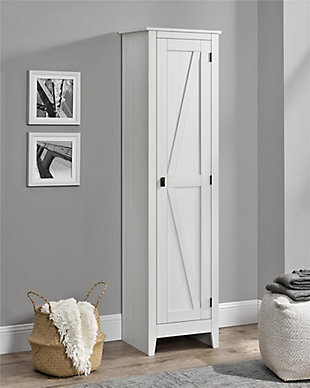 It’s time to get your house in order—organizationally and decoratively. The rustic style of this cabinet brings a modern country appeal to your space. Reminiscent of barn doors, this casual piece houses four shelves perfect for storing office supplies, extra linens, seasonal clothing and more.Made of laminated engineered wood | Off-white woodgrain finish (multiple rustic finishes available) | 4 spacious shelves (2 adjustable) | Wall anchor kit included | Assembly required (2 adults recommended)