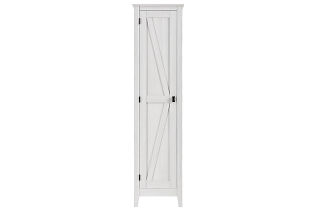 It’s time to get your house in order—organizationally and decoratively. The rustic style of this cabinet brings a modern country appeal to your space. Reminiscent of barn doors, this casual piece houses four shelves perfect for storing office supplies, extra linens, seasonal clothing and more.Made of laminated engineered wood | Off-white woodgrain finish (multiple rustic finishes available) | 4 spacious shelves (2 adjustable) | Wall anchor kit included | Assembly required (2 adults recommended)