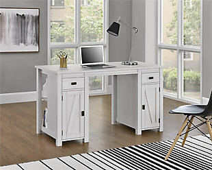 Add a certain charm to your room with this delightful workspace. With an off-white woodgrain finish, this rustic piece is finished on all four sides to allow you to work from any side, and the storage capabilities are endless on the double pedestal base. With plenty of space to work, this versatile desk lets you create from any angle.Made of laminated engineered wood | Off-white woodgrain finish (multiple rustic finishes available) | 2 front drawers for storage | 3 shelves (1 adjustable) behind each door | 2 tool holders located behind the right-side door | Open cubbies and shelves on back and side of the desk | Assembly required (2 adults recommended)